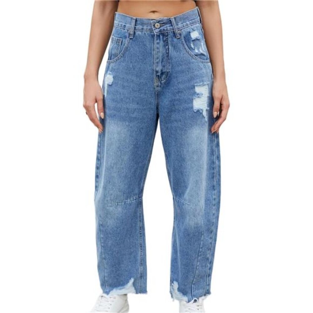 Blue‎ Distressed Wide Leg Baggy Barrel Jeans High Waist Y2K Grunge Streetwear